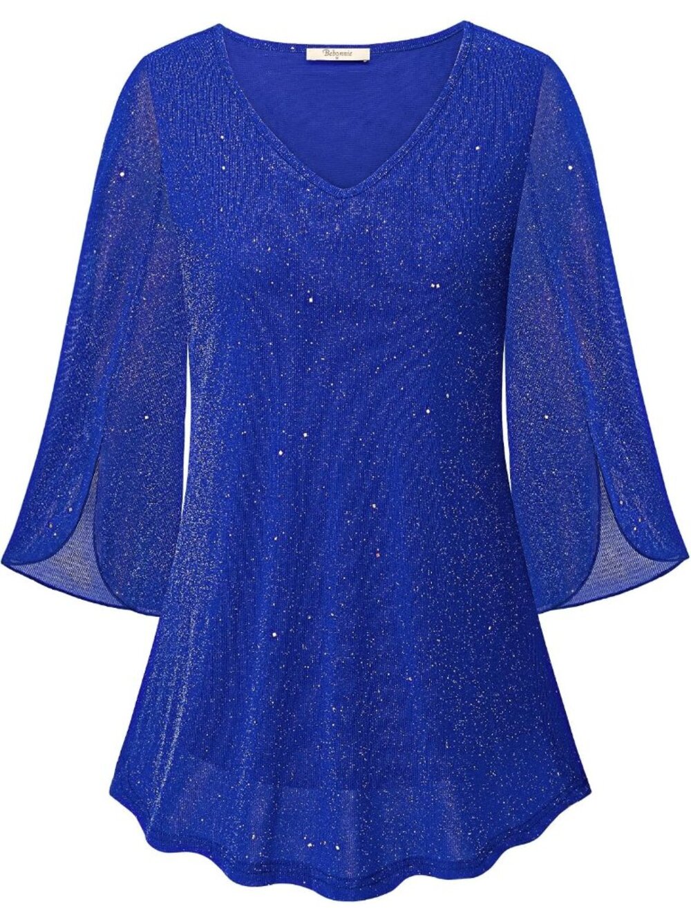 〽️Women's Blue Ruffle 3/4 Sleeve V Neck Double Layer Mesh Loose Flowy Tunic Top